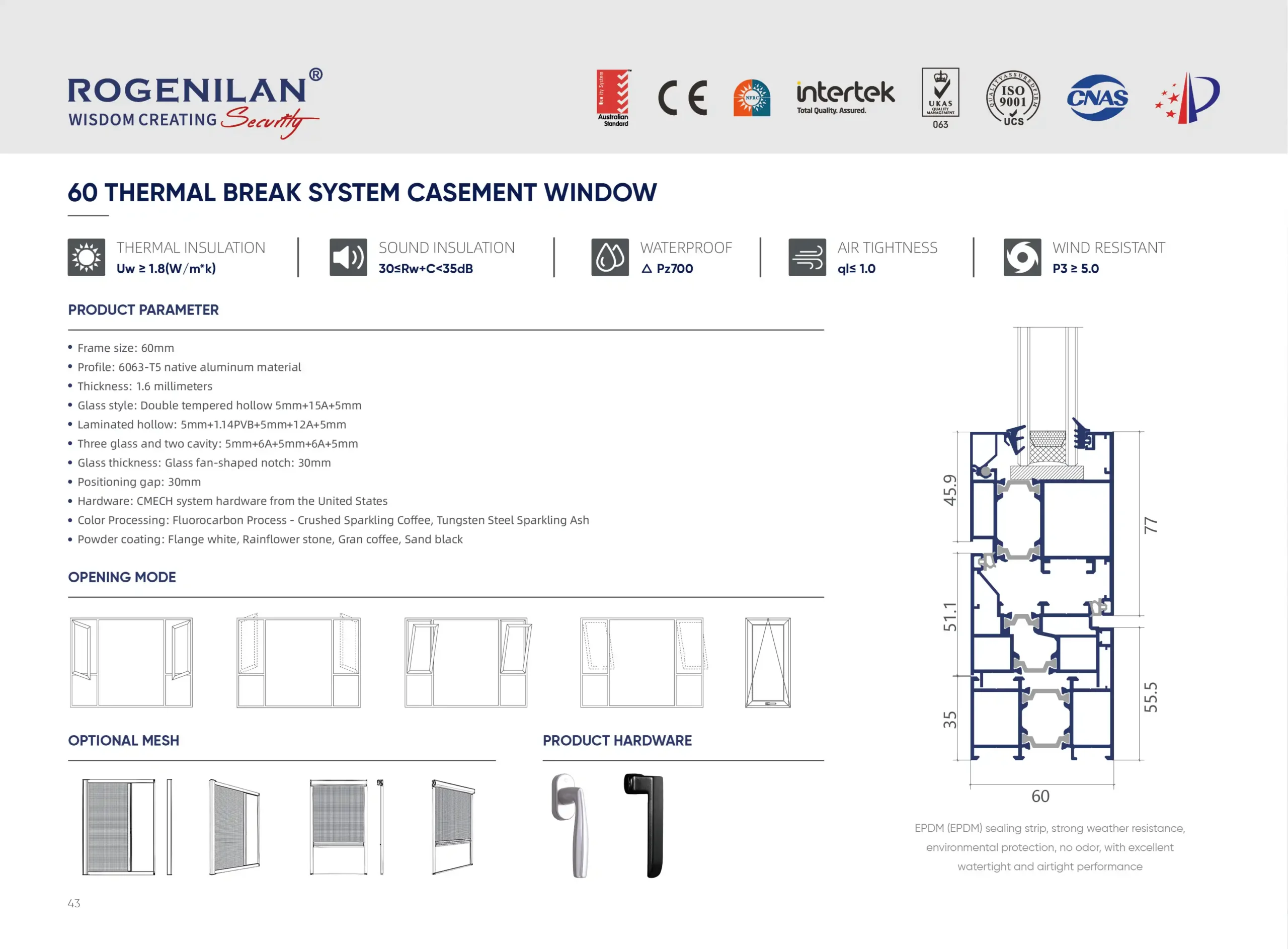 60 Thermal Break System Casement Window specs